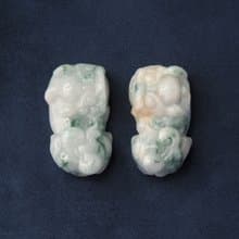 貔貅一對 | 冰糯種綠飄花翡翠 | 天然翡翠玉珮擺件