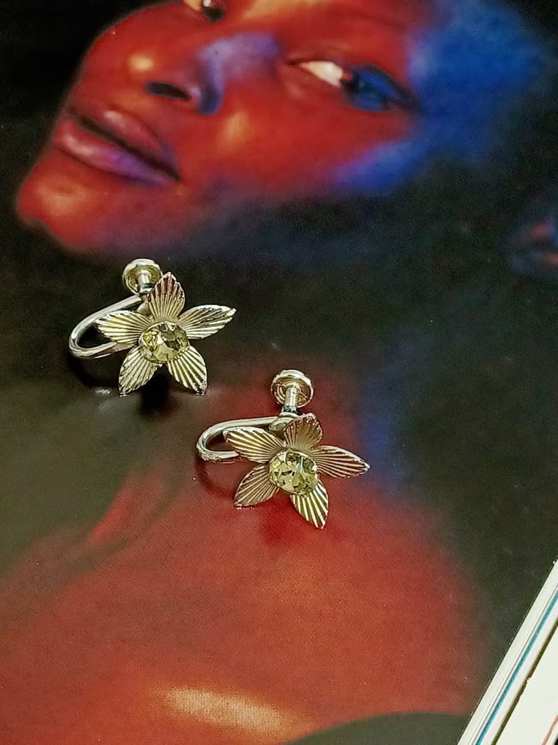 vintage jewelry  Van Dell 銀製 茶色萊茵小花 夾式耳環