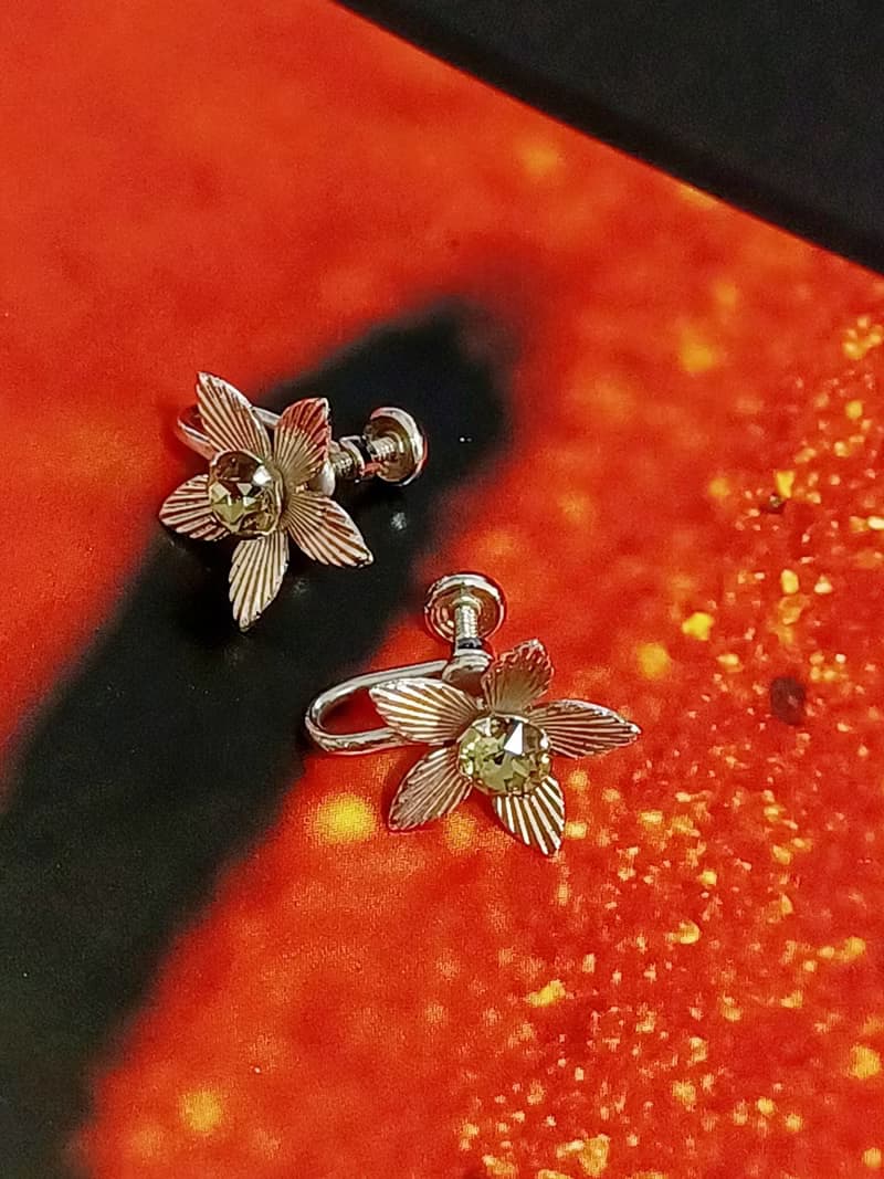 vintage jewelry  Van Dell 銀製 茶色萊茵小花 夾式耳環
