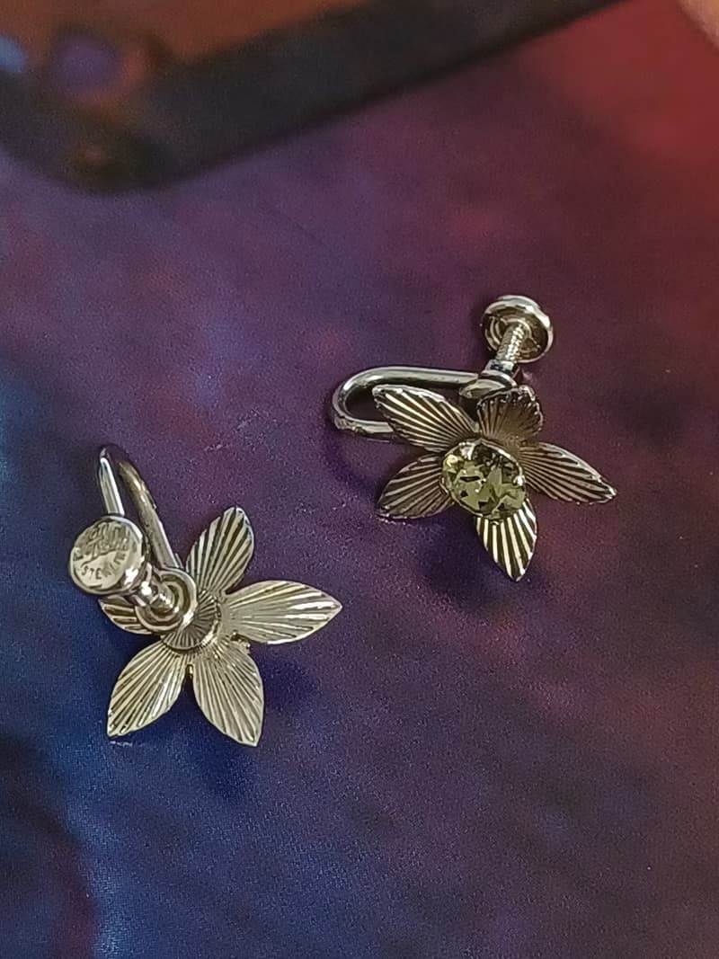 vintage jewelry  Van Dell 銀製 茶色萊茵小花 夾式耳環