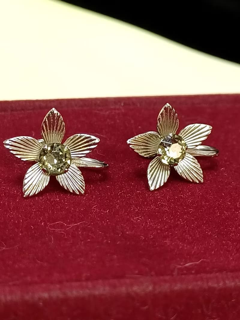 vintage jewelry  Van Dell 銀製 茶色萊茵小花 夾式耳環