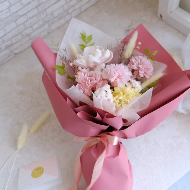 永生花束/母親節花束/乾燥花/不凋花/康乃馨/莓粉色/暖色系/母親