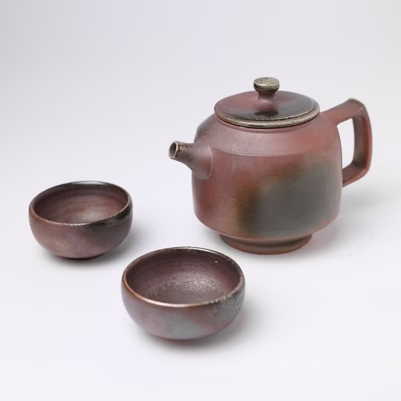 明芽窯 | 柴燒紫金後手壺 紫紅 金 一壺兩杯 蒐藏 茶壺 茶杯 H11