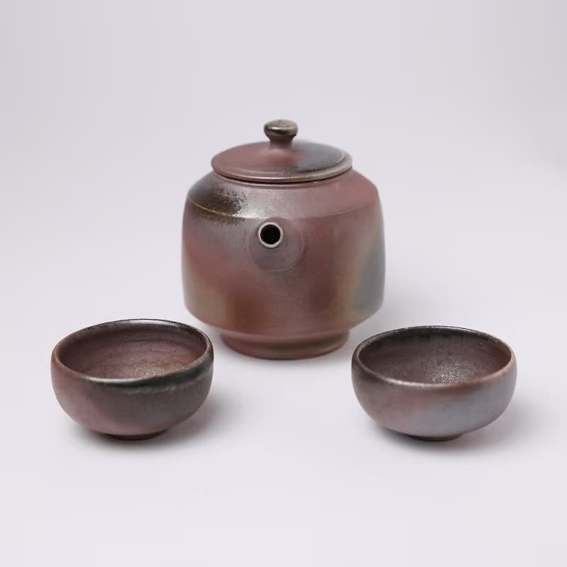 明芽窯 | 柴燒紫金後手壺 紫紅 金 一壺兩杯 蒐藏 茶壺 茶杯 H11