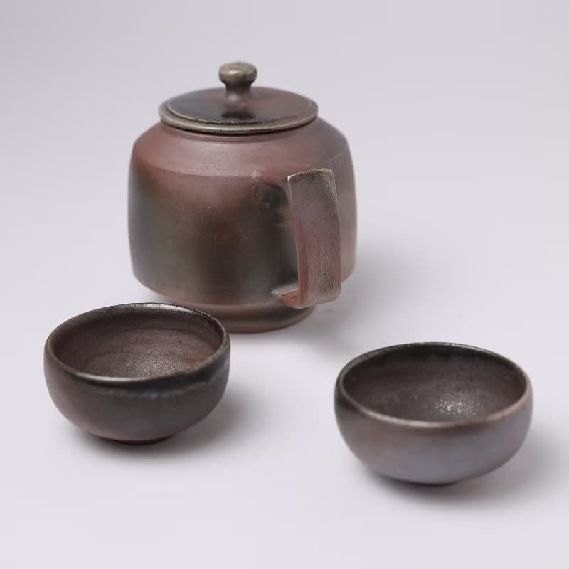 明芽窯 | 柴燒紫金後手壺 紫紅 金 一壺兩杯 蒐藏 茶壺 茶杯 H11
