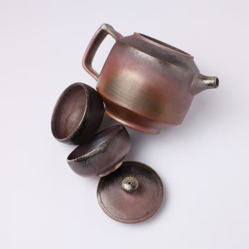 明芽窯 | 柴燒紫金後手壺 紫紅 金 一壺兩杯 蒐藏 茶壺 茶杯 H11