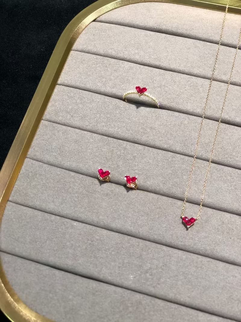 拼接馬賽克迷你天然石剛玉紅寶石愛心18k金寶石項鍊戒指耳環