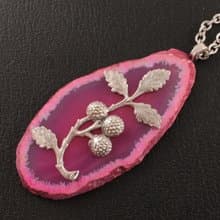 Pink Fuchsia Agate Slice Slab Necklace Silver Raspberry Pendant Necklace Jewelry