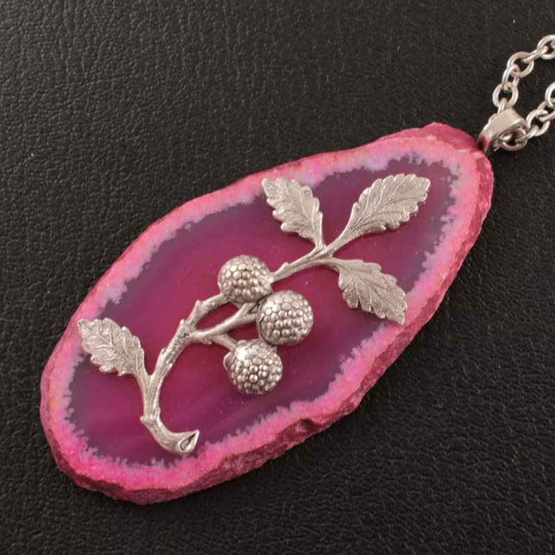 Pink Fuchsia Agate Slice Slab Necklace Silver Raspberry Pendant Necklace Jewelry