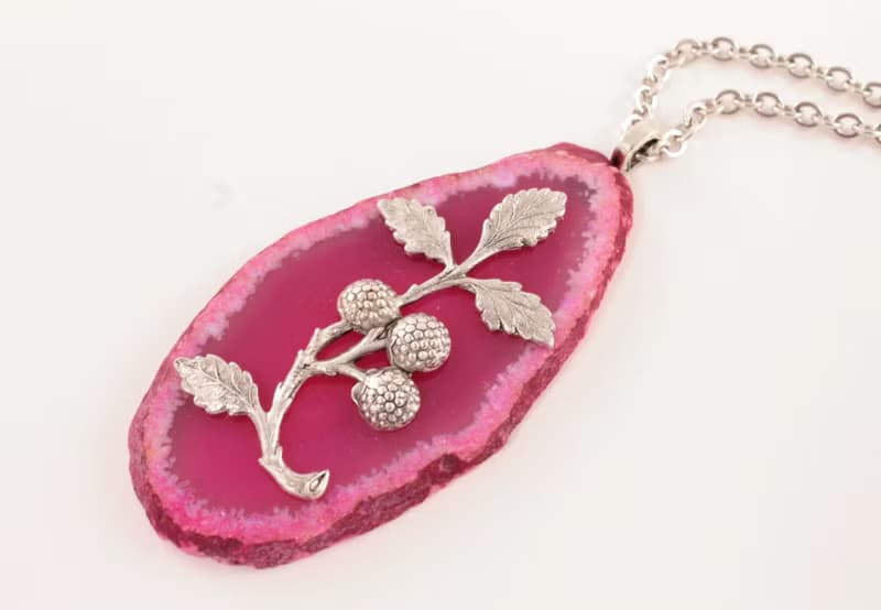 Pink Fuchsia Agate Slice Slab Necklace Silver Raspberry Pendant Necklace Jewelry