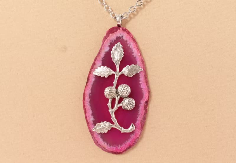 Pink Fuchsia Agate Slice Slab Necklace Silver Raspberry Pendant Necklace Jewelry