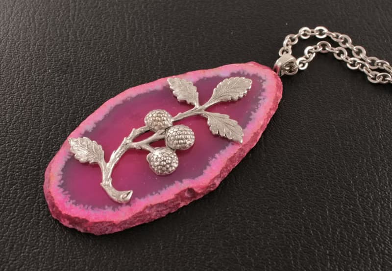 Pink Fuchsia Agate Slice Slab Necklace Silver Raspberry Pendant Necklace Jewelry