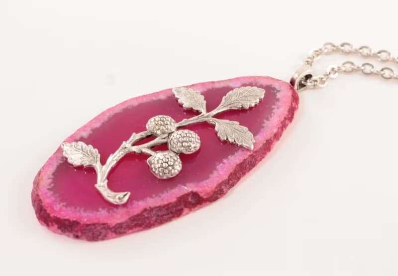 Pink Fuchsia Agate Slice Slab Necklace Silver Raspberry Pendant Necklace Jewelry
