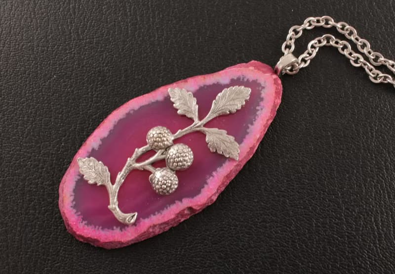 Pink Fuchsia Agate Slice Slab Necklace Silver Raspberry Pendant Necklace Jewelry