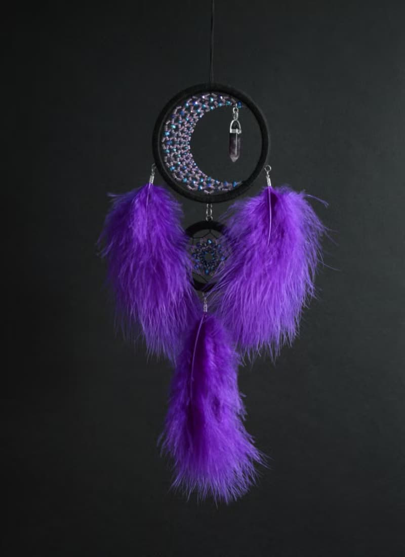 Purple crescent moon dream catcher with amethyst crystal ฝันจับดวงจันทร์
