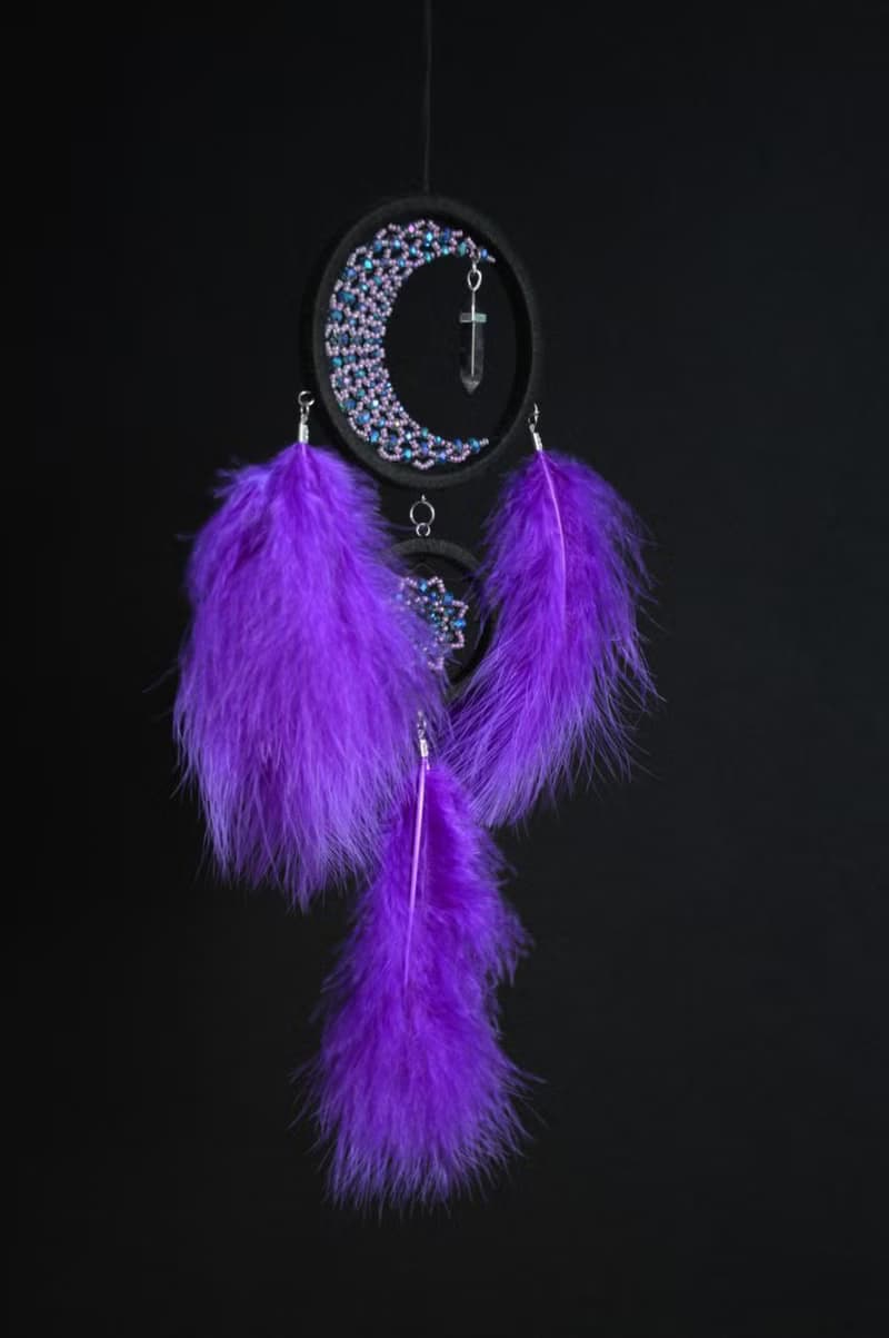 Purple crescent moon dream catcher with amethyst crystal ฝันจับดวงจันทร์