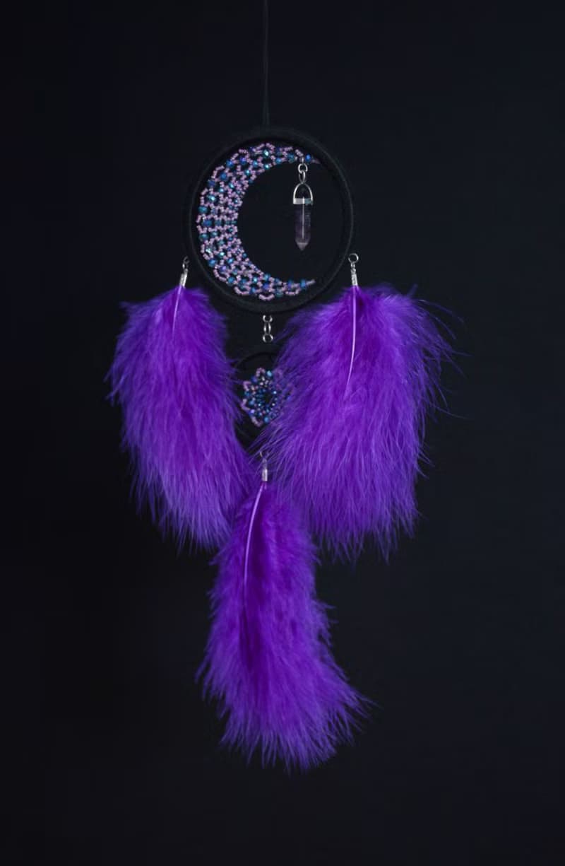 Purple crescent moon dream catcher with amethyst crystal ฝันจับดวงจันทร์