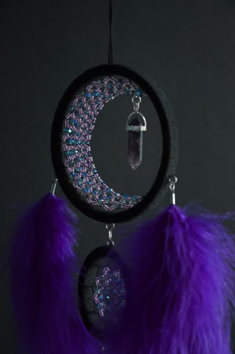 Purple crescent moon dream catcher with amethyst crystal ฝันจับดวงจันทร์