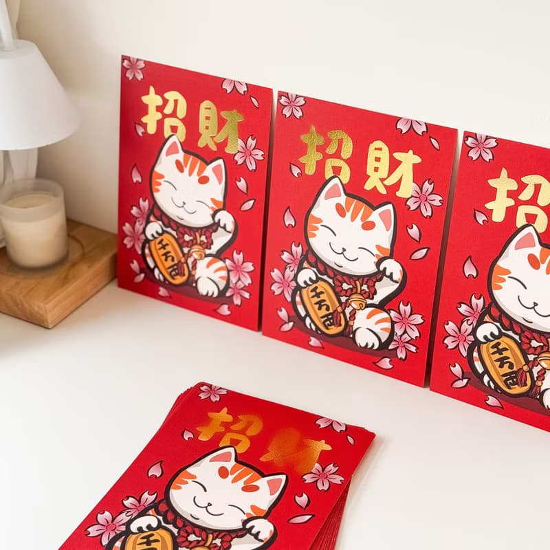 招財貓燙金直式大春聯