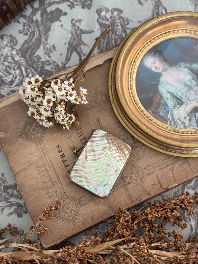 40843-絕美法國古董珍珠母貝硬幣夾錢包夾