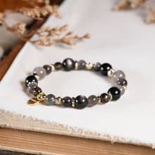 黑骨幹太陽石 茶晶 銀曜石 手鍊 天然礦石水晶