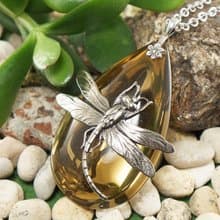 Yellow Glass Silver Dragonfly Large Teardrop Pendant Necklace Woman Jewelry Gift