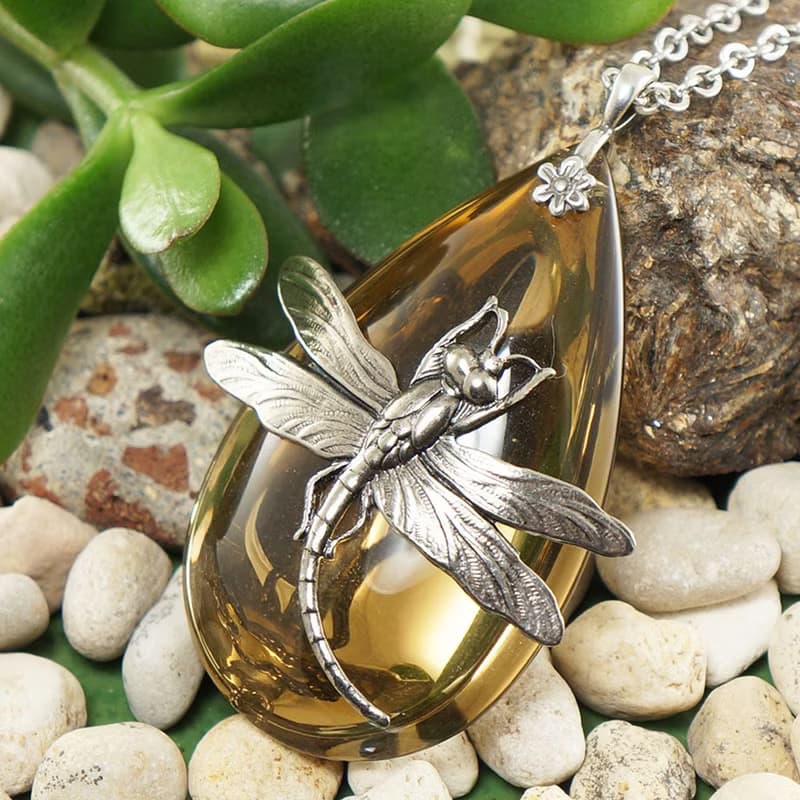 Yellow Glass Silver Dragonfly Large Teardrop Pendant Necklace Woman Jewelry Gift