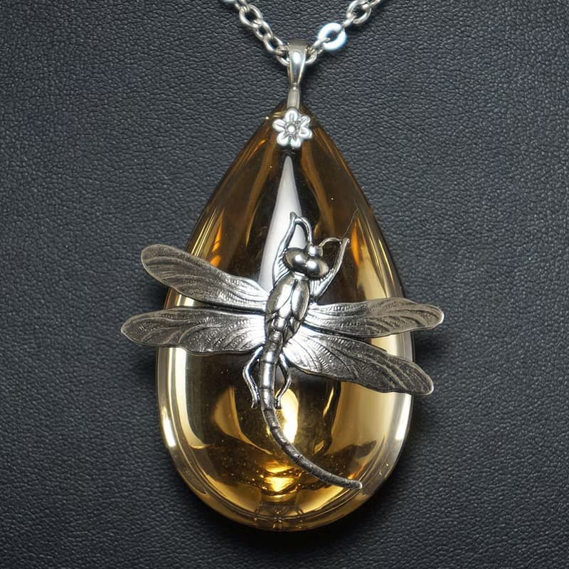 Yellow Glass Silver Dragonfly Large Teardrop Pendant Necklace Woman Jewelry Gift