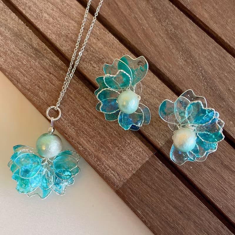 【AurorA百寶盒】A052─海洋之心─耳針一對加項鍊套組