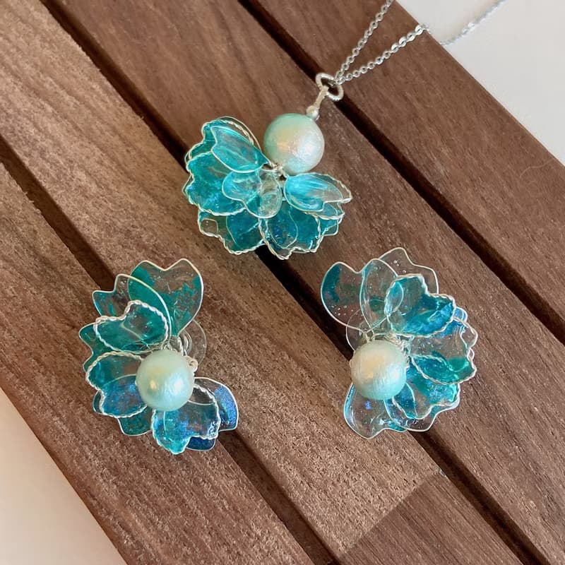 【AurorA百寶盒】A052─海洋之心─耳針一對加項鍊套組