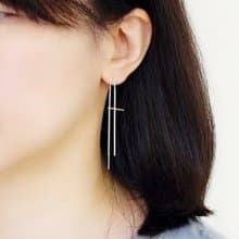 十字信念耳線式純銀耳環 | 長線條垂墜式925純銀耳環 女生禮物