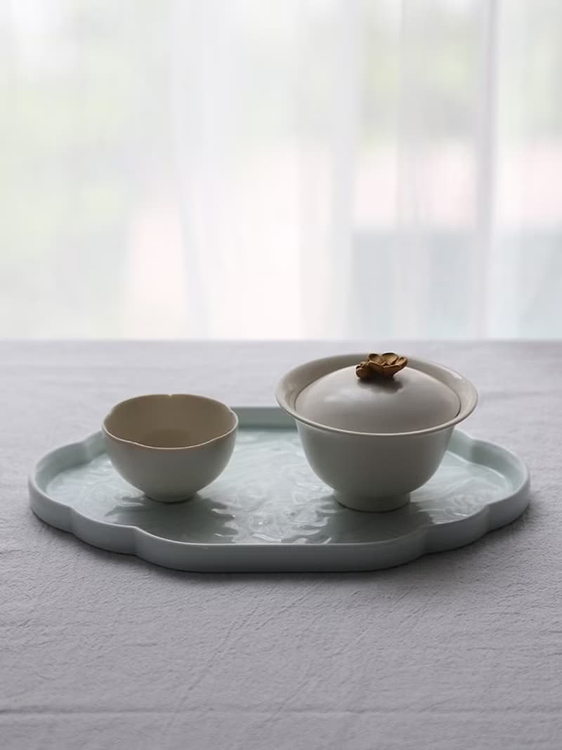 蓋碗茶壺干泡壺承盤  陶瓷茶具配件  青釉霽藍釉如意海浪托盤