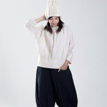 縱橫條紋鬆緊小立領上衣