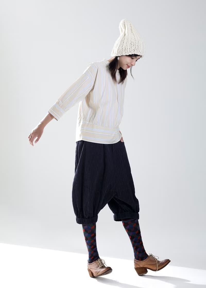 縱橫條紋鬆緊小立領上衣