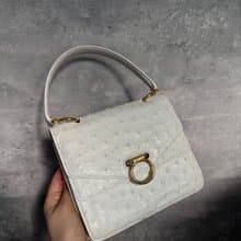 中古包 Celine 賽琳 白色鴕鳥皮雙層翻蓋Box包