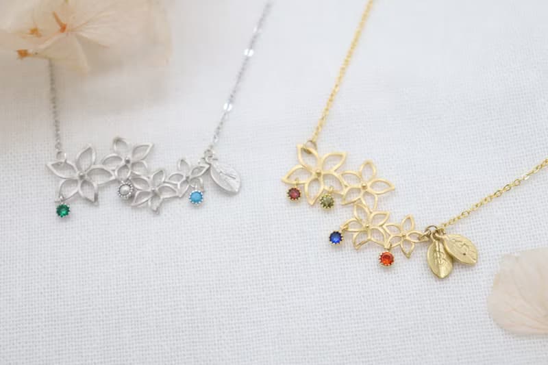 Family Mini Birthstones & Leaf Initial Charm Flower Pendant Necklaces