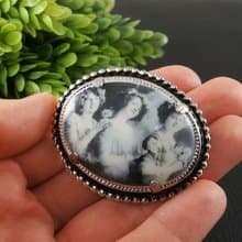 Porcelain Cameo Retro Girls Photo Portrait Gray Oval Brooch Pin Woman Jewelry