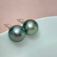 天然海水珍珠 大溪地鉑金灰 藍綠炫彩 純銀耳環