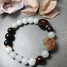珠串雕刻手鍊-福來運轉 紅皮油青種緬甸玉+黑曜+紫檀