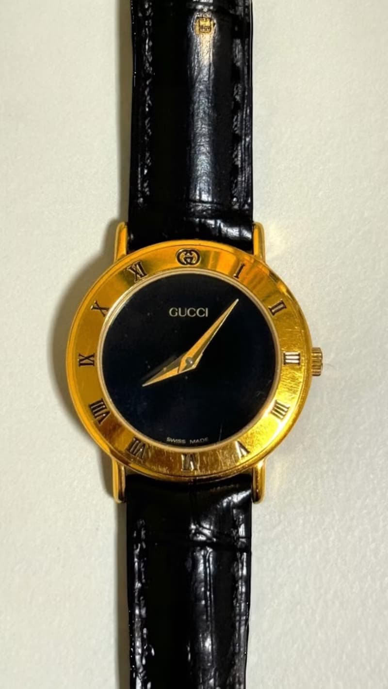 GUCCI 雪莉系列 黑金色羅馬錶盤 石英手錶 Vintage