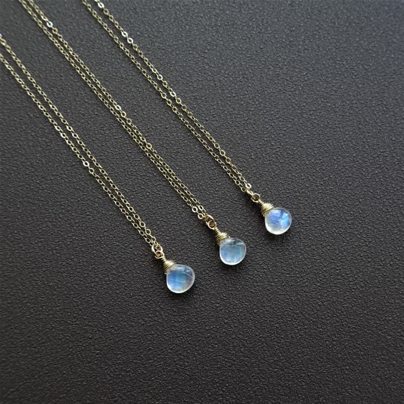 小巧光面心形 月光石 扁胖水滴形 14Kgf 包金項鍊 鎖骨鍊
