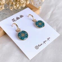 手繪花磚耳環 復古 耳圈款式 s925耳針 手工飾品