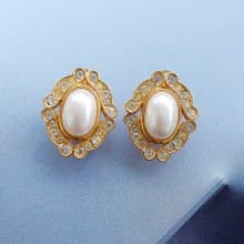 Vintage Jewelry 西洋古董飾品 鑽框 華麗 橢圓 仿珠 夾式耳環
