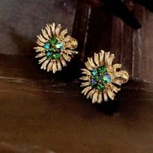 vintage jewelry  LISNER 綠芯太陽花萊茵鑽 夾式耳環