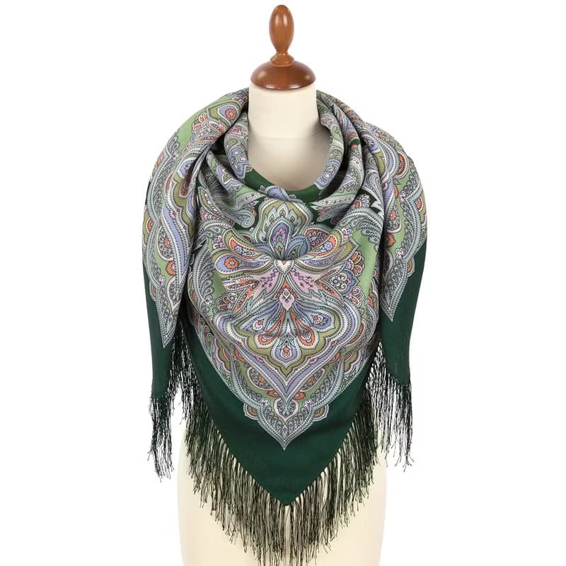 Pavlovo Posad Russian Shawl 100% Wool Scarf 125x125 cm Wrap Silk Fringe 2027-9