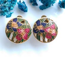 Vintage Jewelry 西洋古董飾品 紫粉色調 花卉 景泰藍 夾式耳環