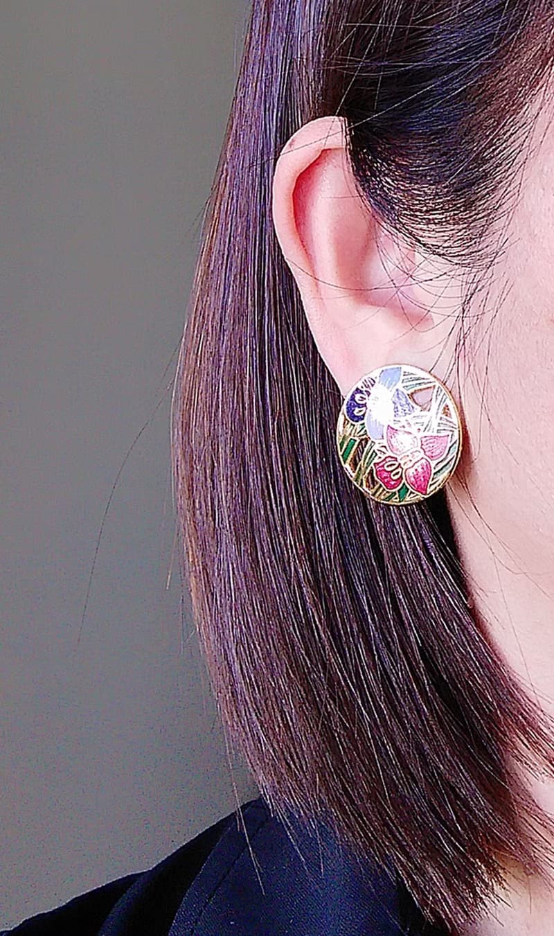 Vintage Jewelry 西洋古董飾品 紫粉色調 花卉 景泰藍 夾式耳環