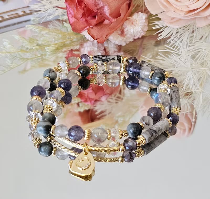 從心-雙圈設計款/黑銀鈦/堇青石/拉長石/鷹眼石/地圖石/水晶手鍊