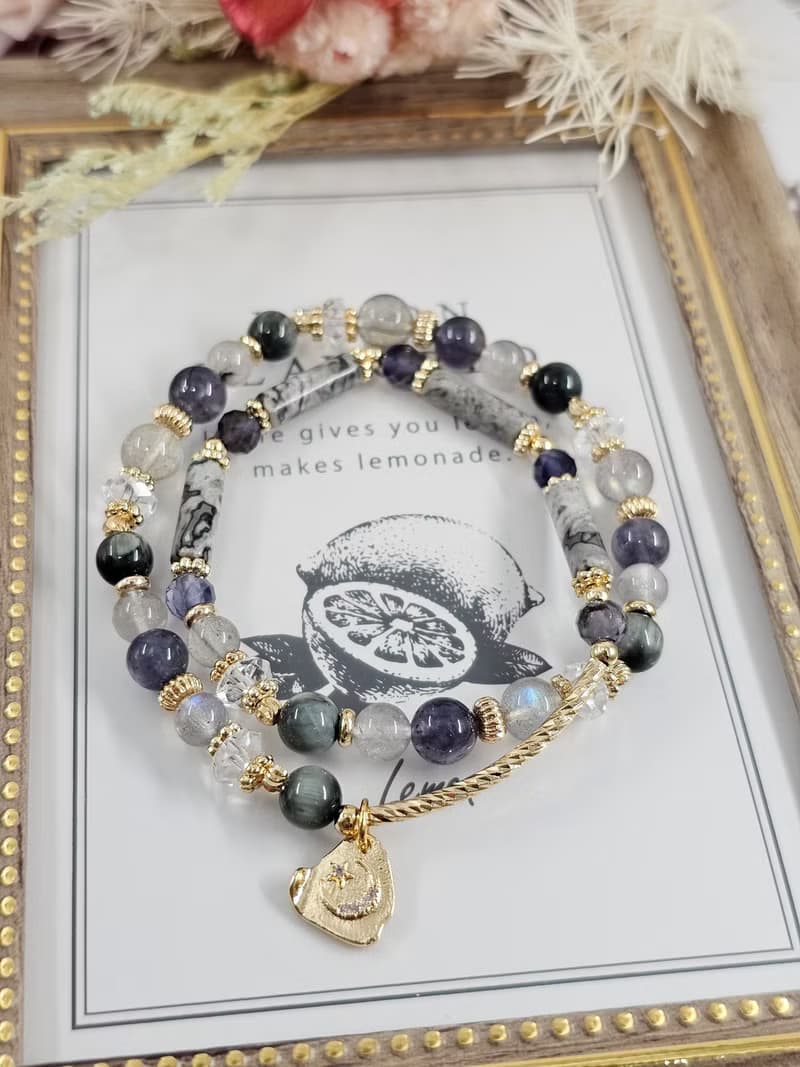 從心-雙圈設計款/黑銀鈦/堇青石/拉長石/鷹眼石/地圖石/水晶手鍊