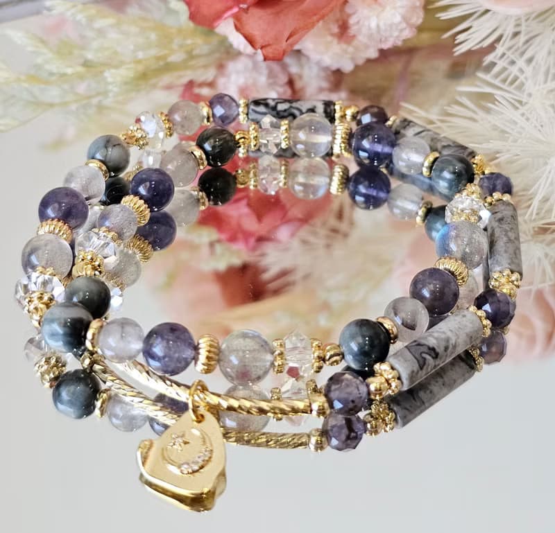 從心-雙圈設計款/黑銀鈦/堇青石/拉長石/鷹眼石/地圖石/水晶手鍊